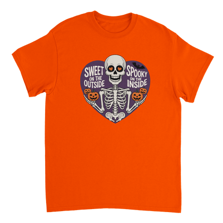 Sweet on the Outside, Spooky on the Inside Skeleton T-Shirt – Heart Eyes & Pumpkins, Heavyweight Cotton Tee - KPAP Canada