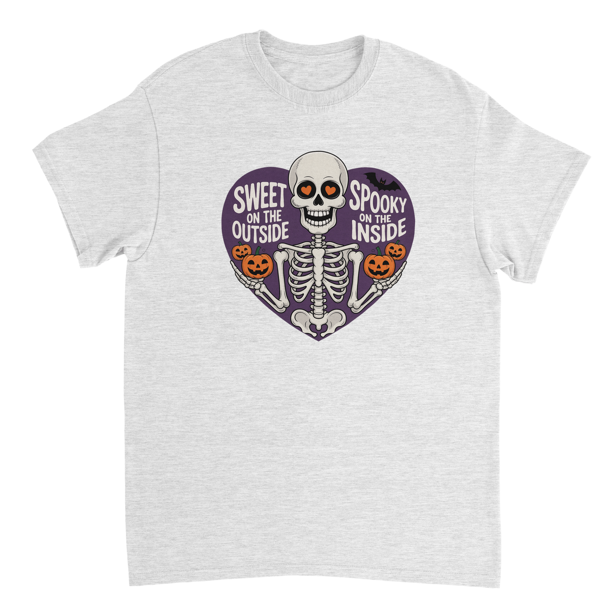 Sweet on the Outside, Spooky on the Inside Skeleton T-Shirt – Heart Eyes & Pumpkins, Heavyweight Cotton Tee - KPAP Canada