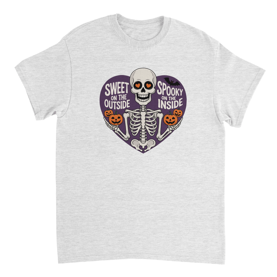 Sweet on the Outside, Spooky on the Inside Skeleton T-Shirt – Heart Eyes & Pumpkins, Heavyweight Cotton Tee - KPAP Canada
