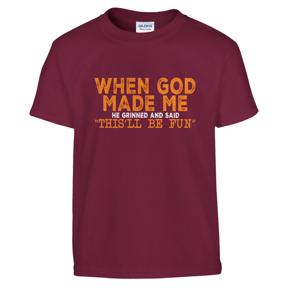FunKids Funny T-Shirt – 'When God Made Me, He Grinned and Said This Will Be Fun!' Design - KPAP Canada