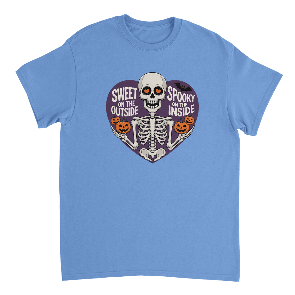Sweet on the Outside, Spooky on the Inside Skeleton T-Shirt – Heart Eyes & Pumpkins, Heavyweight Cotton Tee - KPAP Canada