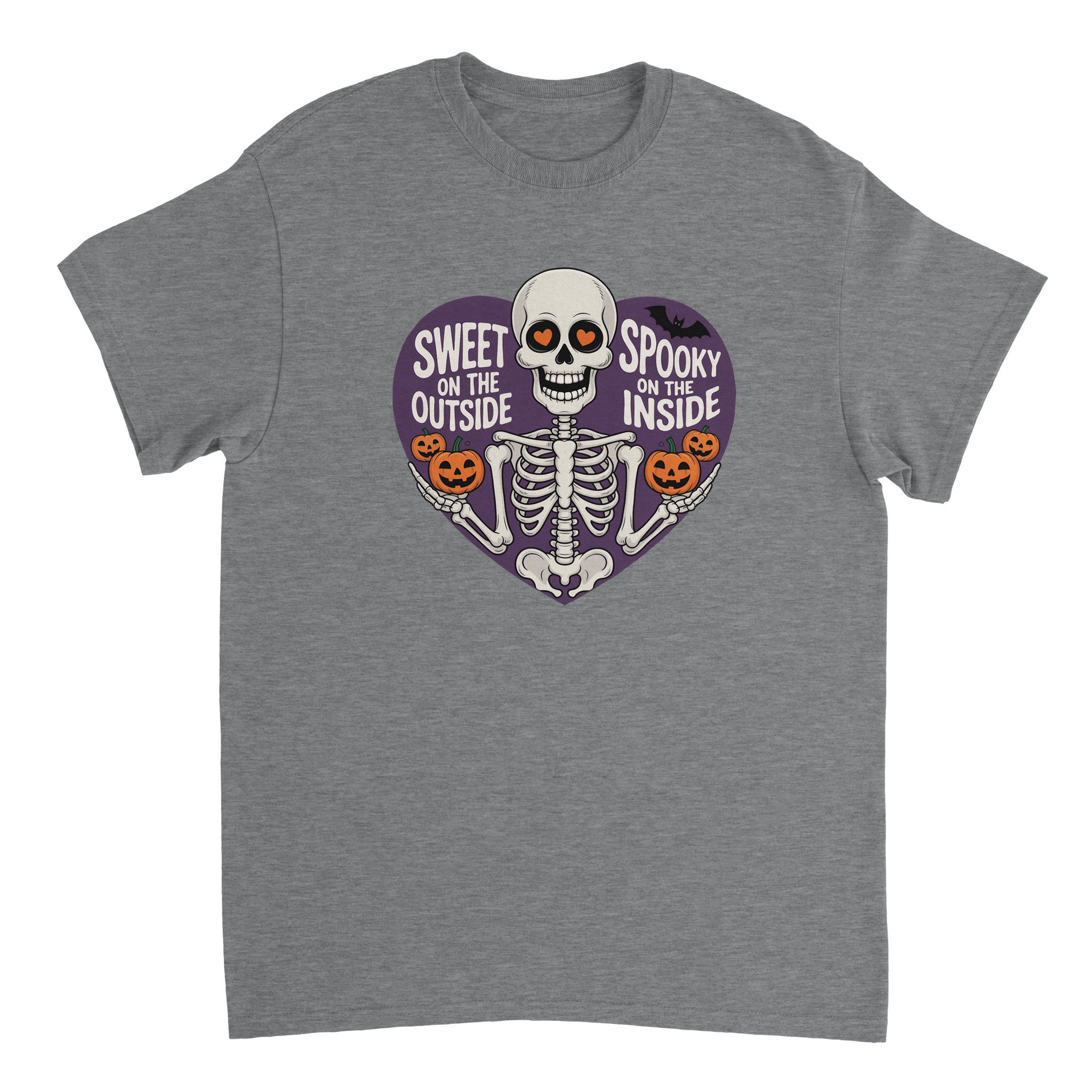 Sweet on the Outside, Spooky on the Inside Skeleton T-Shirt – Heart Eyes & Pumpkins, Heavyweight Cotton Tee - KPAP Canada