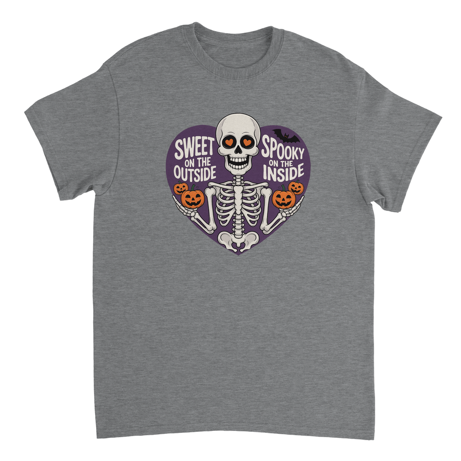 Sweet on the Outside, Spooky on the Inside Skeleton T-Shirt – Heart Eyes & Pumpkins, Heavyweight Cotton Tee - KPAP Canada