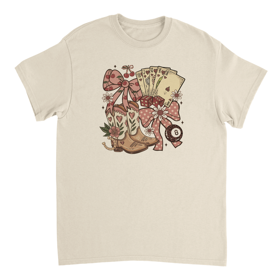 Country Charm T-Shirt – Western Boho, Lucky Dice & Boots Graphic Tee, Classic Fit, Premium Cotton - KPAP Canada
