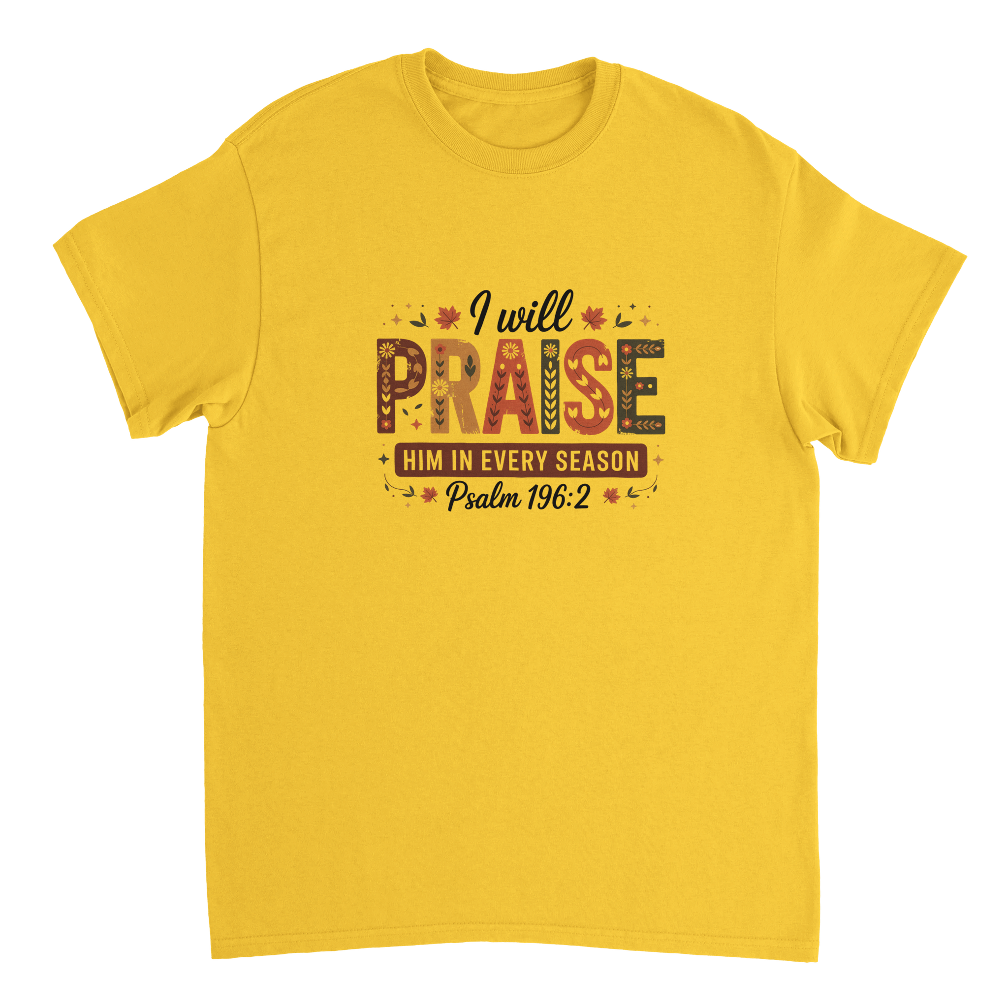 Praise Him in Every Season T-Shirt – Autumnal Folk Art Design, Heavyweight Cotton, Classic Fit, Durable Casual Wear - KPAP Canada
