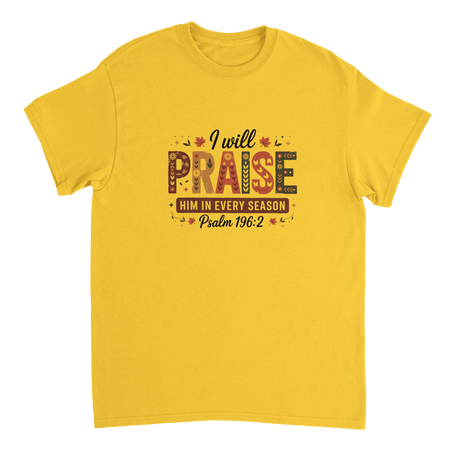 Praise Him in Every Season T-Shirt – Autumnal Folk Art Design, Heavyweight Cotton, Classic Fit, Durable Casual Wear - KPAP Canada