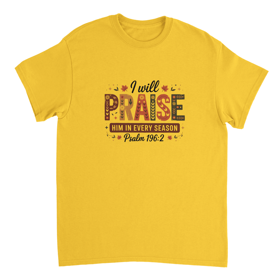 Praise Him in Every Season T-Shirt – Autumnal Folk Art Design, Heavyweight Cotton, Classic Fit, Durable Casual Wear - KPAP Canada