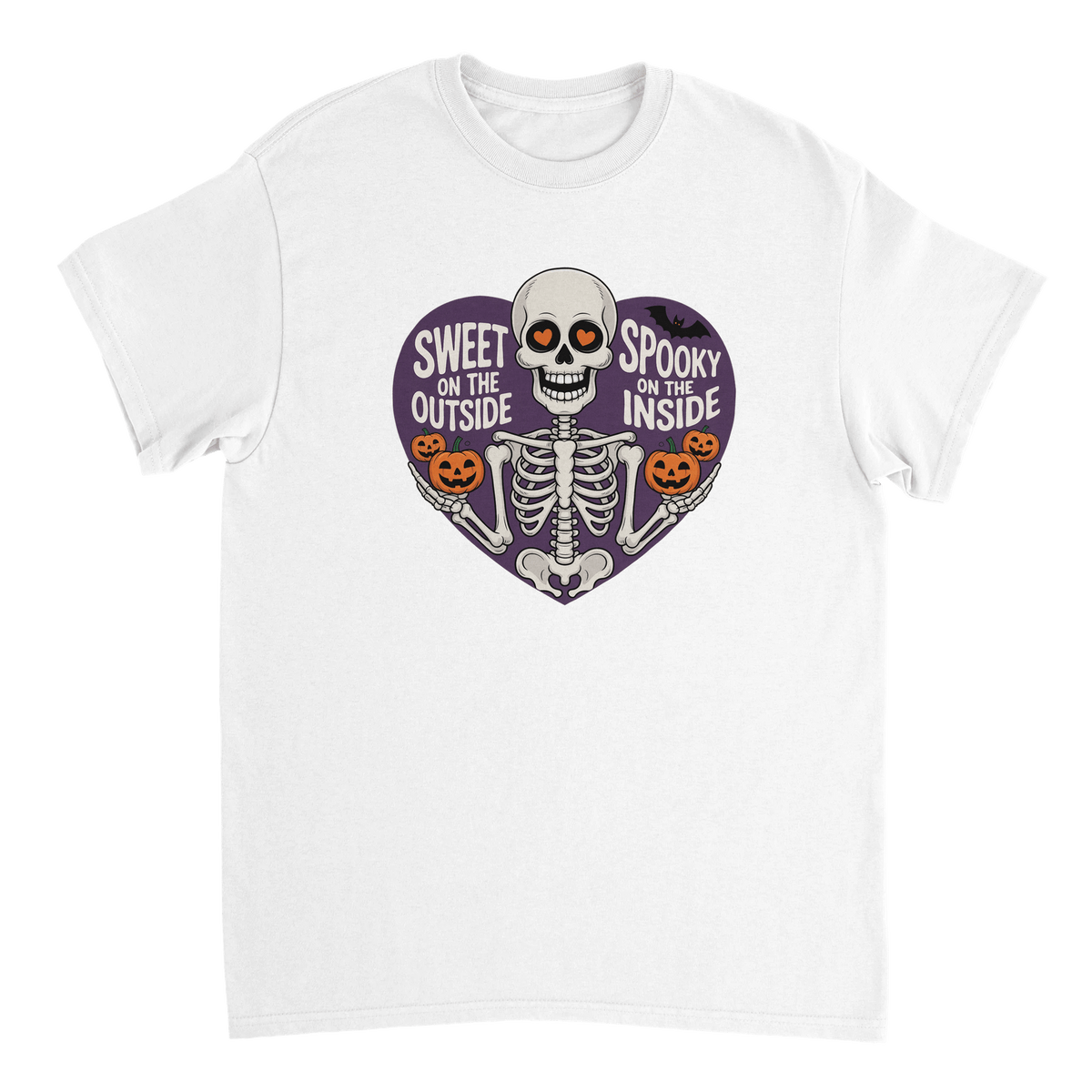 Sweet on the Outside, Spooky on the Inside Skeleton T-Shirt – Heart Eyes & Pumpkins, Heavyweight Cotton Tee - KPAP Canada