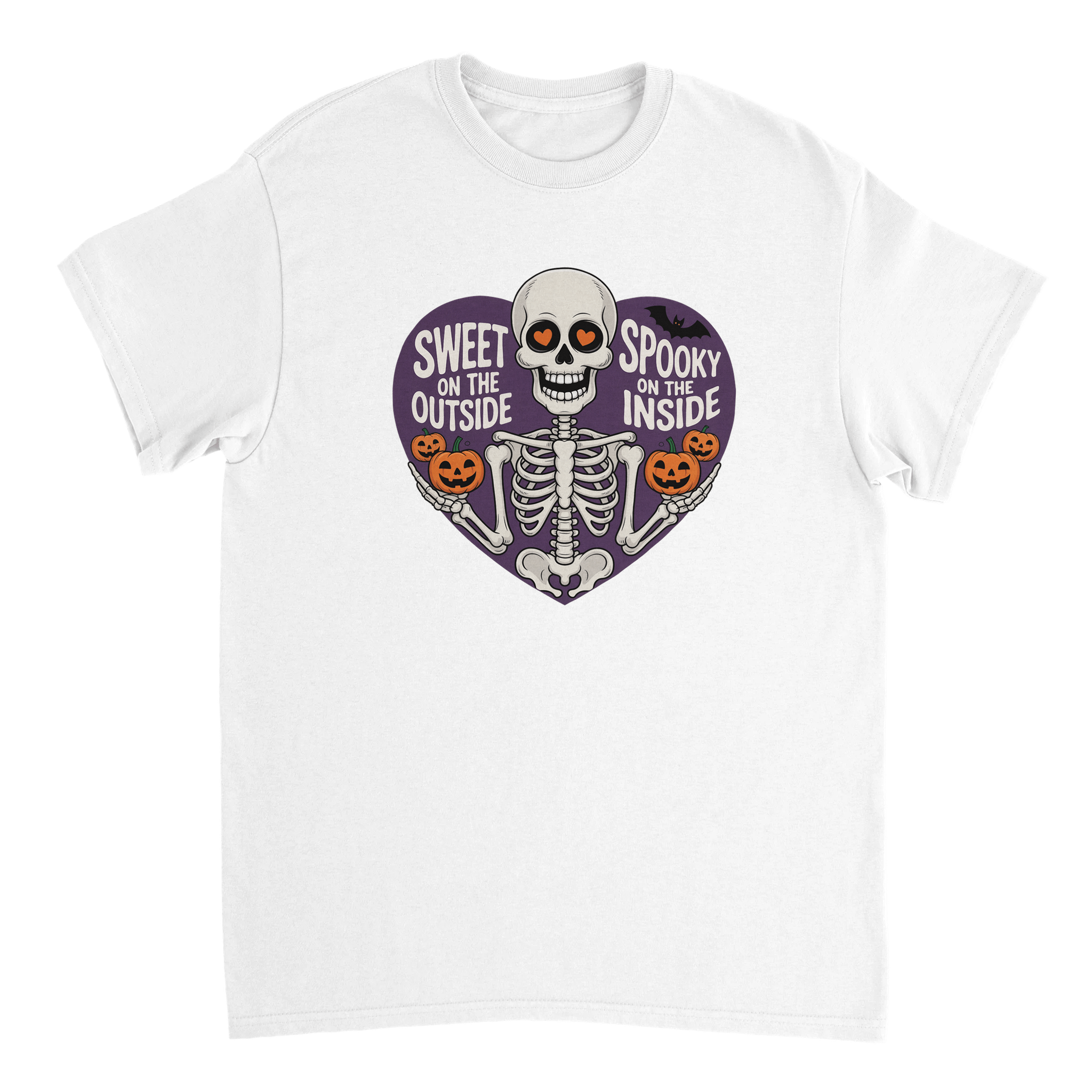 Sweet on the Outside, Spooky on the Inside Skeleton T-Shirt – Heart Eyes & Pumpkins, Heavyweight Cotton Tee - KPAP Canada