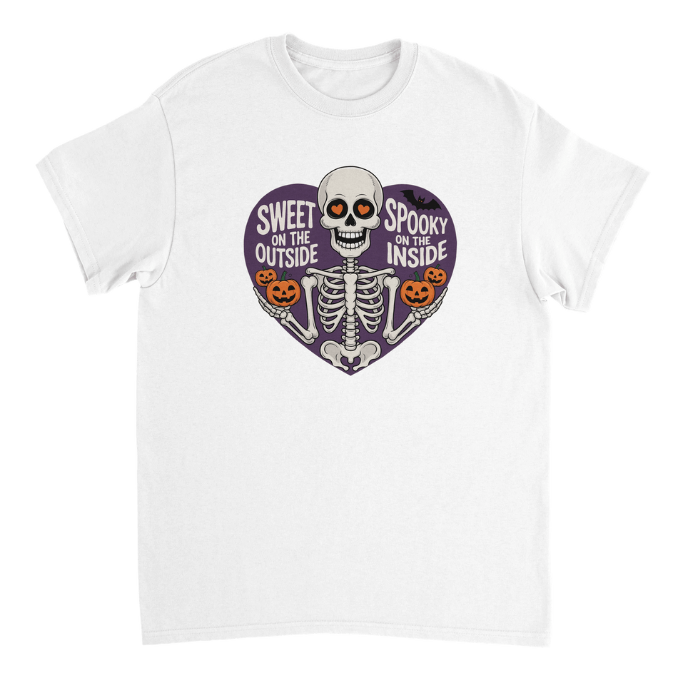 Sweet on the Outside, Spooky on the Inside Skeleton T-Shirt – Heart Eyes & Pumpkins, Heavyweight Cotton Tee - KPAP Canada