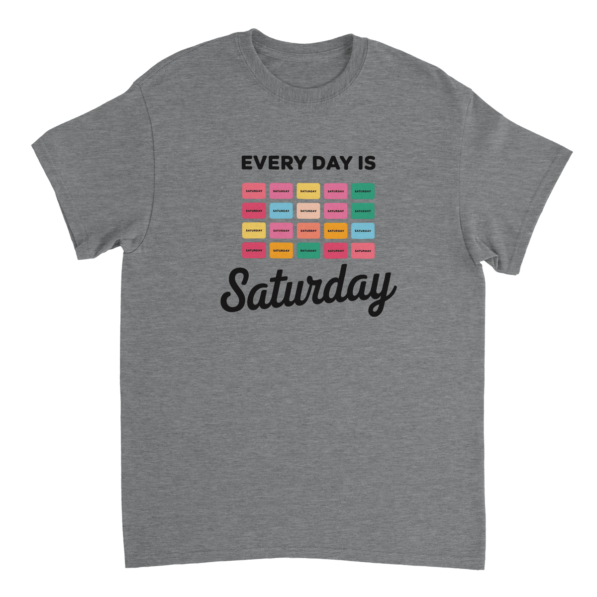 Every Day Is Saturday Fun Tee – Retro Pastel Blocks, Heavyweight Cotton, Classic Fit, Durable Casual Wear - KPAP Canada