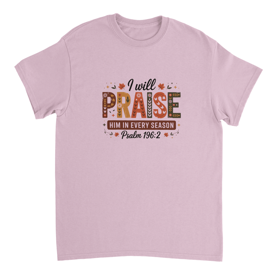 Praise Him in Every Season T-Shirt – Autumnal Folk Art Design, Heavyweight Cotton, Classic Fit, Durable Casual Wear - KPAP Canada