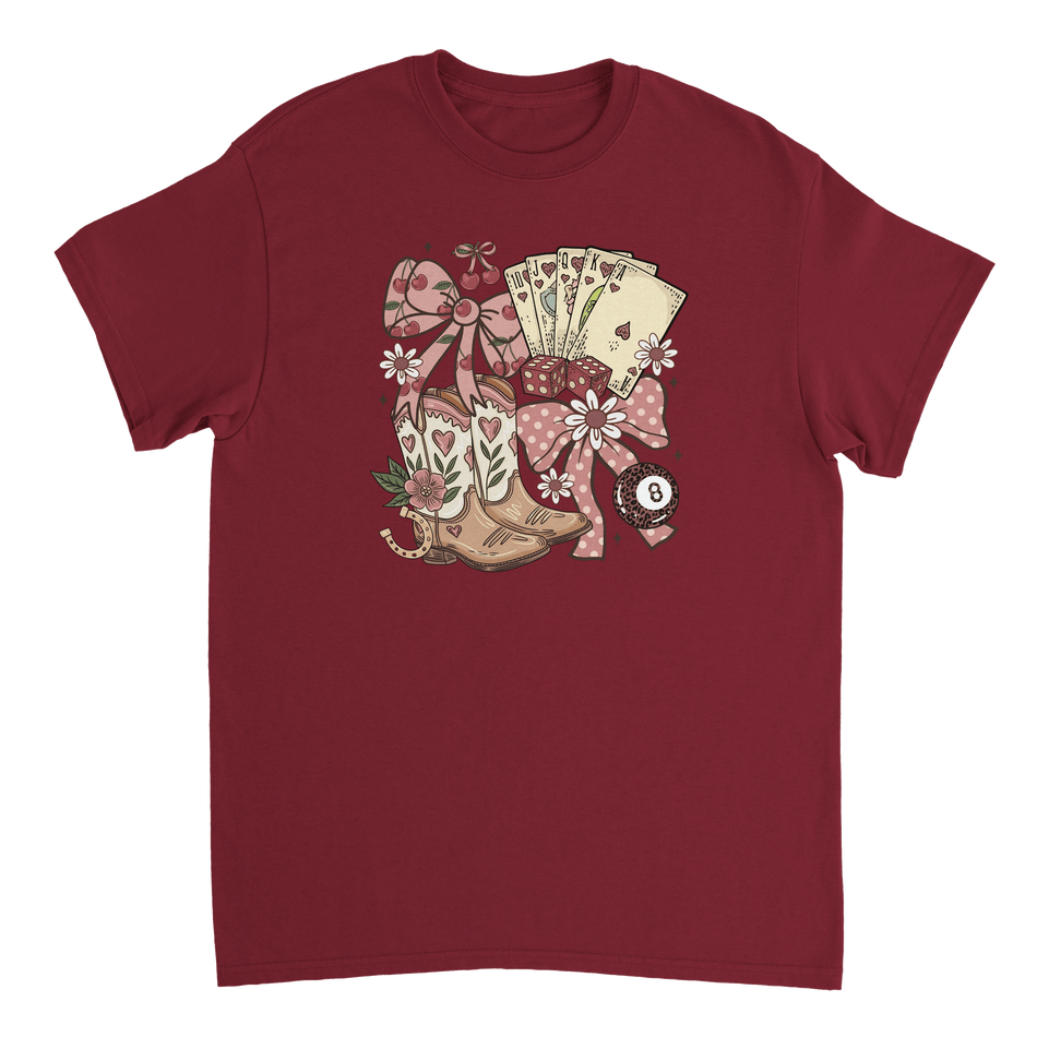 Country Charm T-Shirt – Western Boho, Lucky Dice & Boots Graphic Tee, Classic Fit, Premium Cotton - KPAP Canada