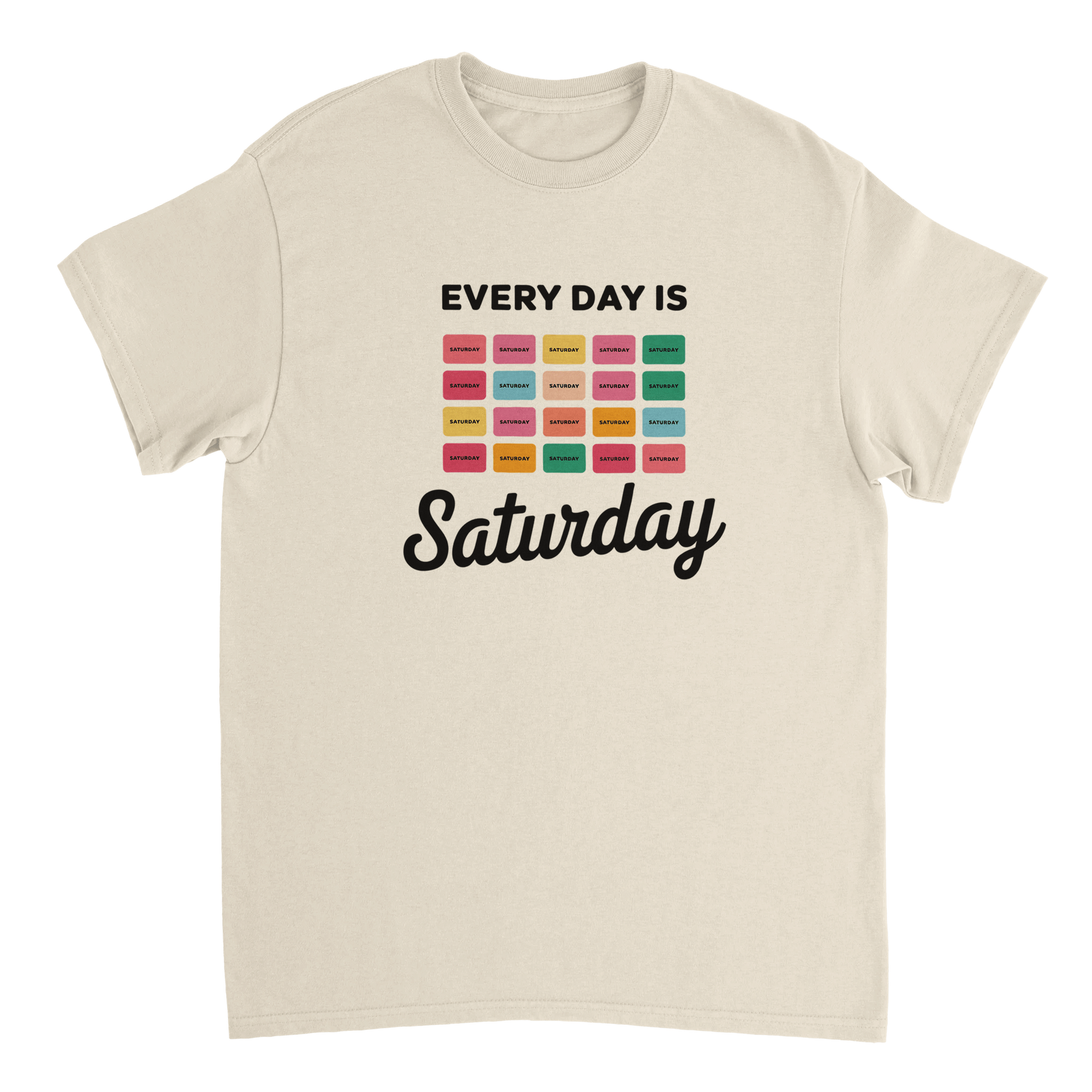 Every Day Is Saturday Fun Tee – Retro Pastel Blocks, Heavyweight Cotton, Classic Fit, Durable Casual Wear - KPAP Canada