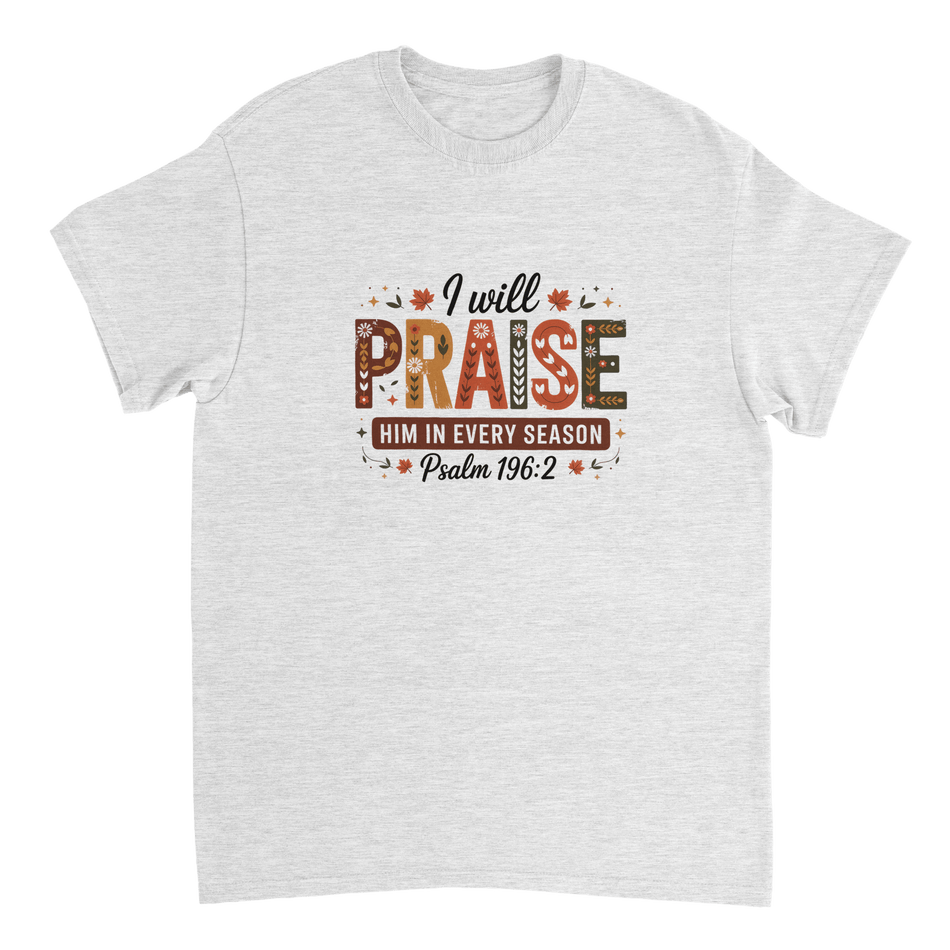 Praise Him in Every Season T-Shirt – Autumnal Folk Art Design, Heavyweight Cotton, Classic Fit, Durable Casual Wear - KPAP Canada