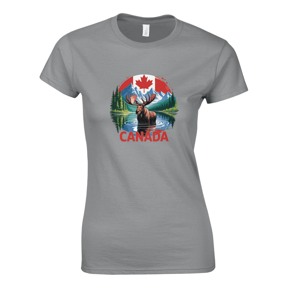Ladies T-Shirt - Canada Moose and Mountains Design - KPAP Canada