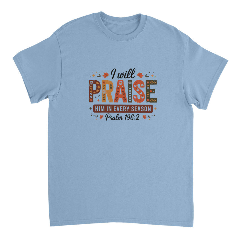 Praise Him in Every Season T-Shirt – Autumnal Folk Art Design, Heavyweight Cotton, Classic Fit, Durable Casual Wear - KPAP Canada