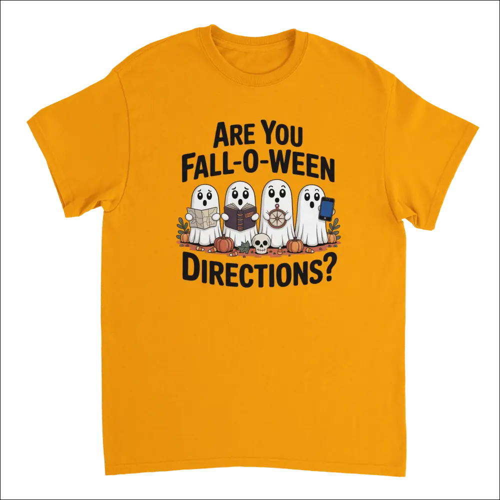 Vibrant orange Halloween t-shirt with funny ghost graphic and Fall-O-Ween text
