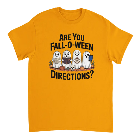 Vibrant orange Halloween t-shirt with funny ghost graphic and Fall-O-Ween text