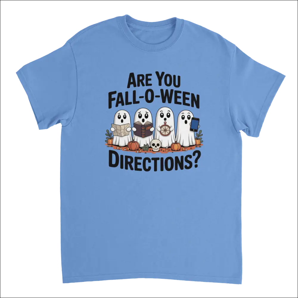 Light blue Halloween ghost t-shirt with spooky Are You Fall-O-Ween directions graphic