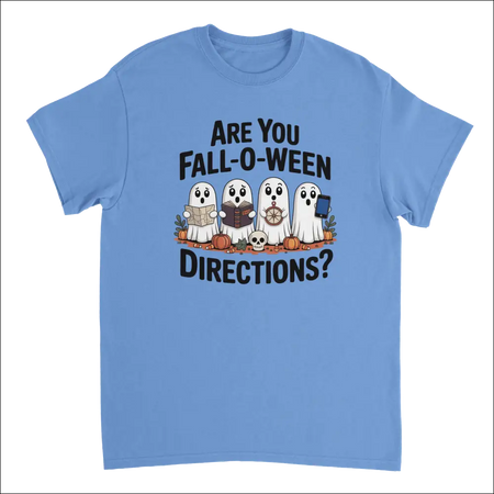 Light blue Halloween ghost t-shirt with spooky Are You Fall-O-Ween directions graphic
