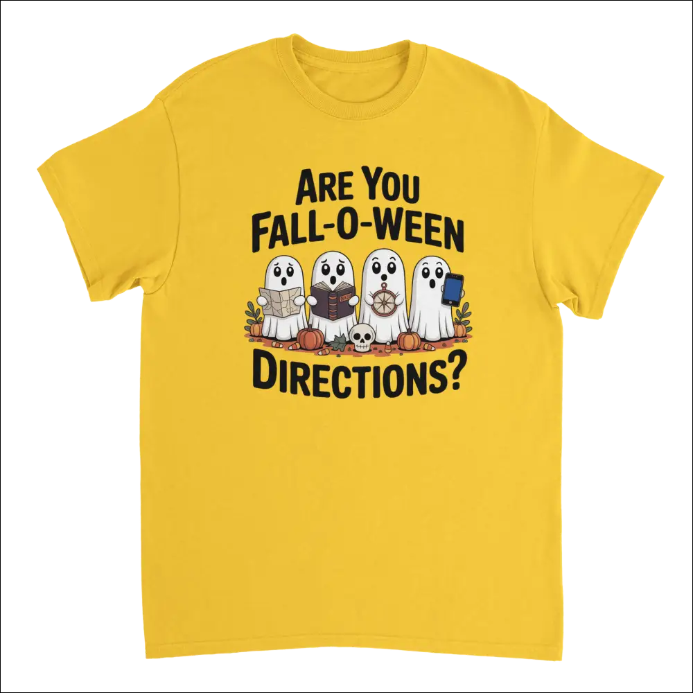 Funny yellow Halloween ghost t-shirt with Fall-O-Ween directions pun