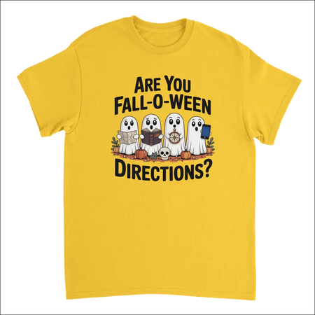 Funny yellow Halloween ghost t-shirt with Fall-O-Ween directions pun