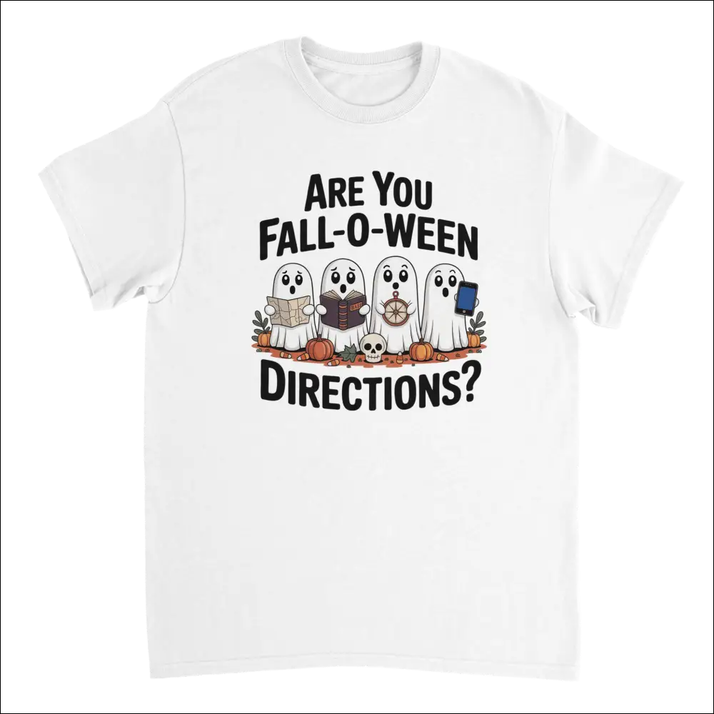 Funny Halloween ghost t-shirt with books compass smartphone and pumpkins
