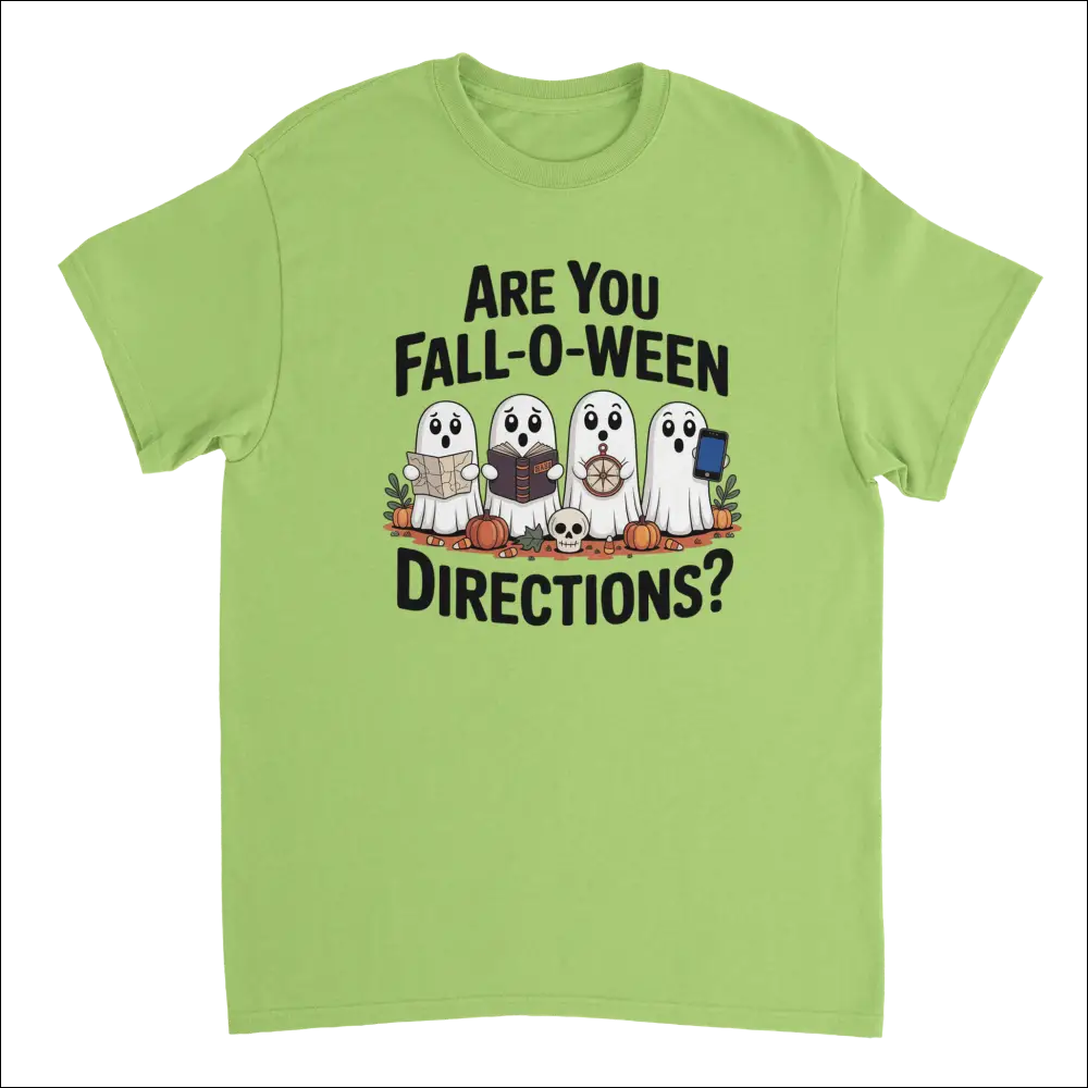 Lime green ghost Halloween t-shirt with Fall-O-Ween pun graphic