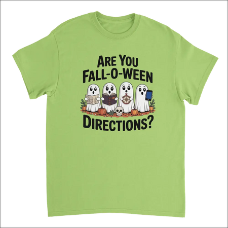 Lime green ghost Halloween t-shirt with Fall-O-Ween pun graphic