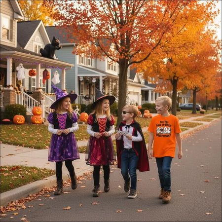 Two kids as witches in purple maroon costumes stroll autumn street