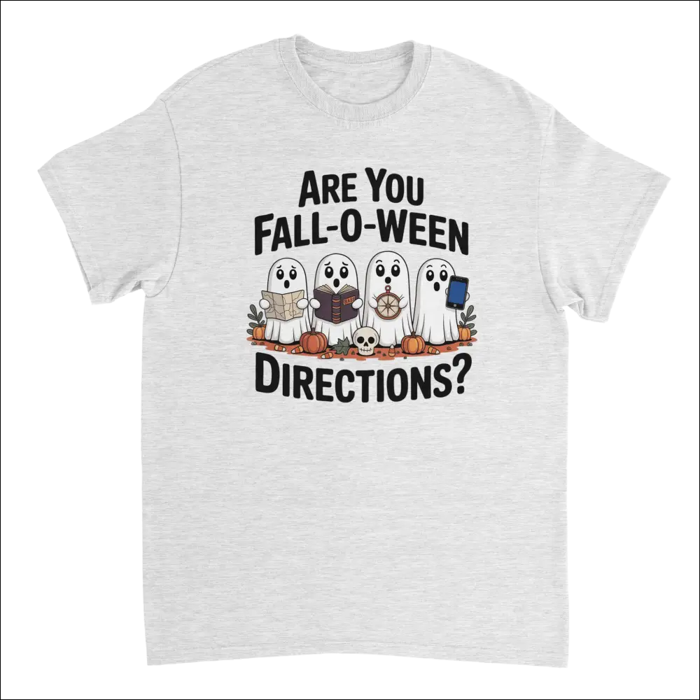 Heather gray Halloween t-shirt with cartoon ghosts holding items