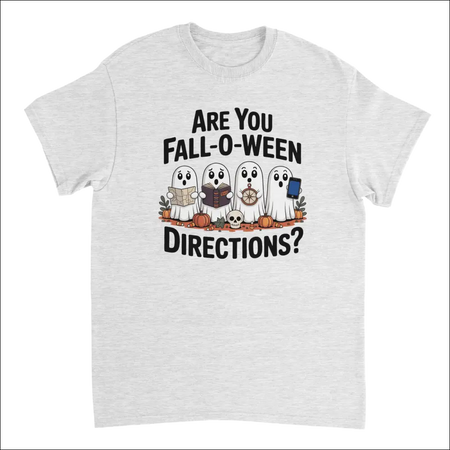 Heather gray Halloween t-shirt with cartoon ghosts holding items
