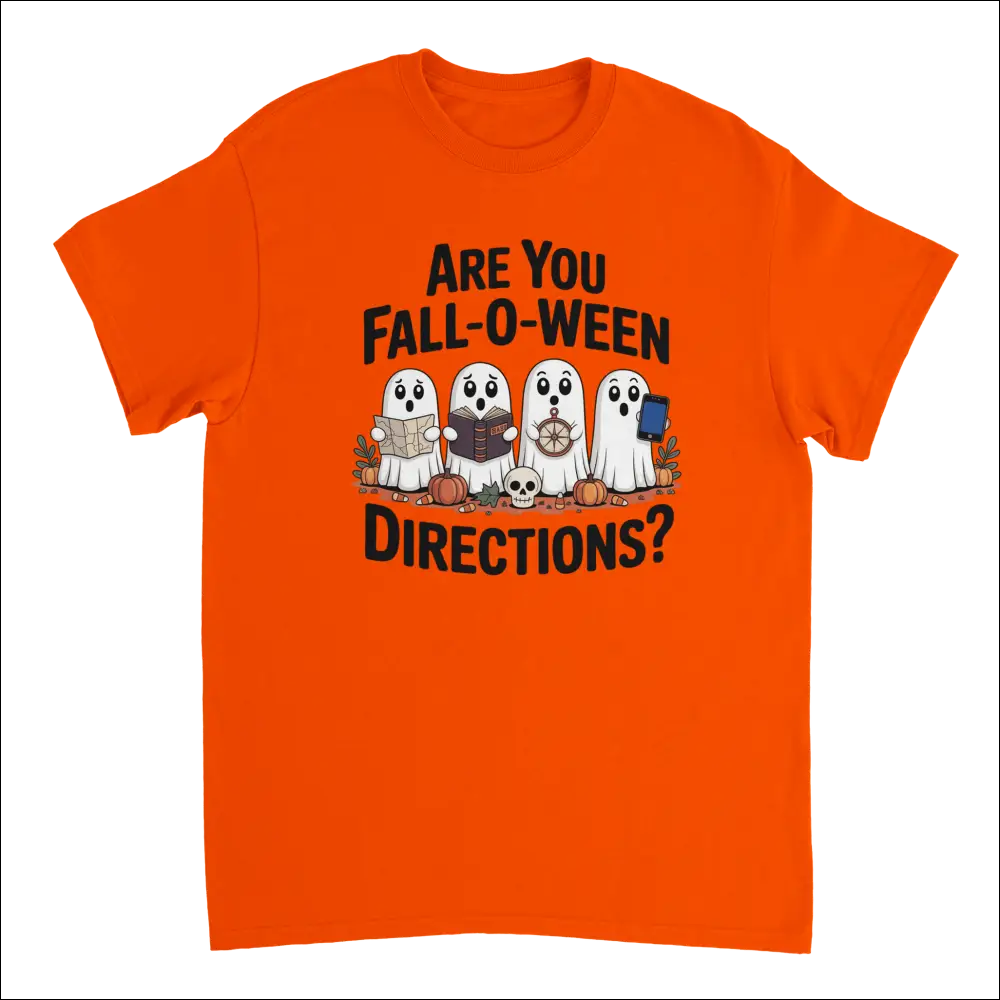 Bright orange Halloween t-shirt with cartoon ghosts holding books, wheel, phone