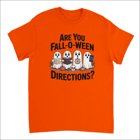 Bright orange Halloween t-shirt with cartoon ghosts holding books, wheel, phone