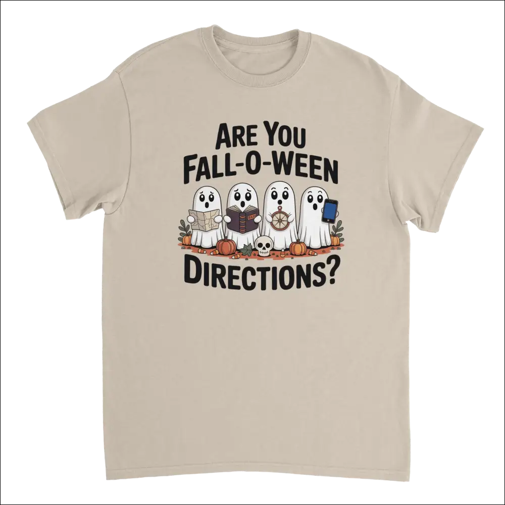 Beige short-sleeved Halloween t-shirt with cartoon ghosts and Fall-O-Ween text