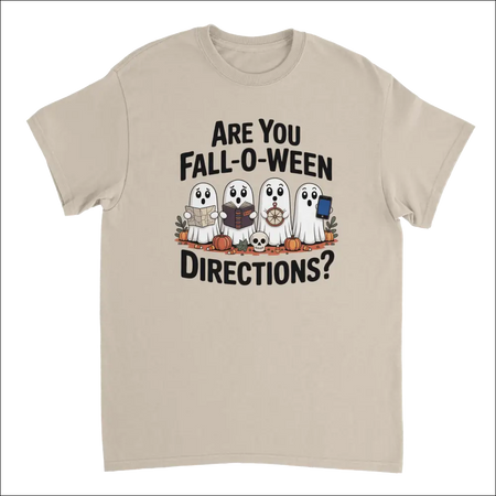 Beige short-sleeved Halloween t-shirt with cartoon ghosts and Fall-O-Ween text