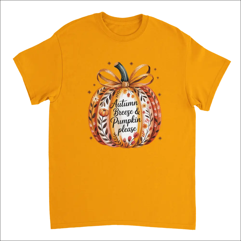 Vibrant orange short-sleeve t-shirt with watercolor pumpkin, autumn leaves, flowers, and Autumn Breeze & Pumpkin Please text in cozy fall floral heavyweight cotton design
