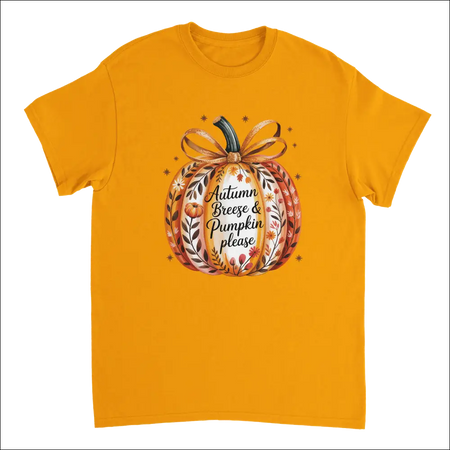 Vibrant orange short-sleeve t-shirt with watercolor pumpkin, autumn leaves, flowers, and Autumn Breeze & Pumpkin Please text in cozy fall floral heavyweight cotton design