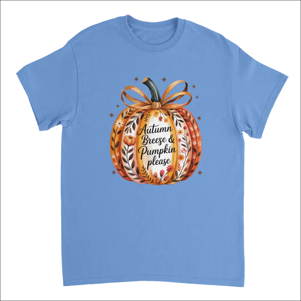 Light blue short-sleeved Autumn Breeze & Pumpkin Please t-shirt with cozy fall floral watercolor design