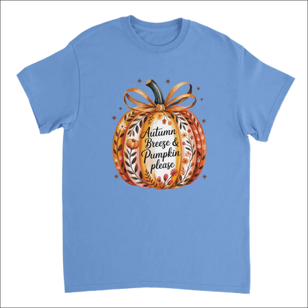 Light blue short-sleeved Autumn Breeze & Pumpkin Please t-shirt with cozy fall floral watercolor design