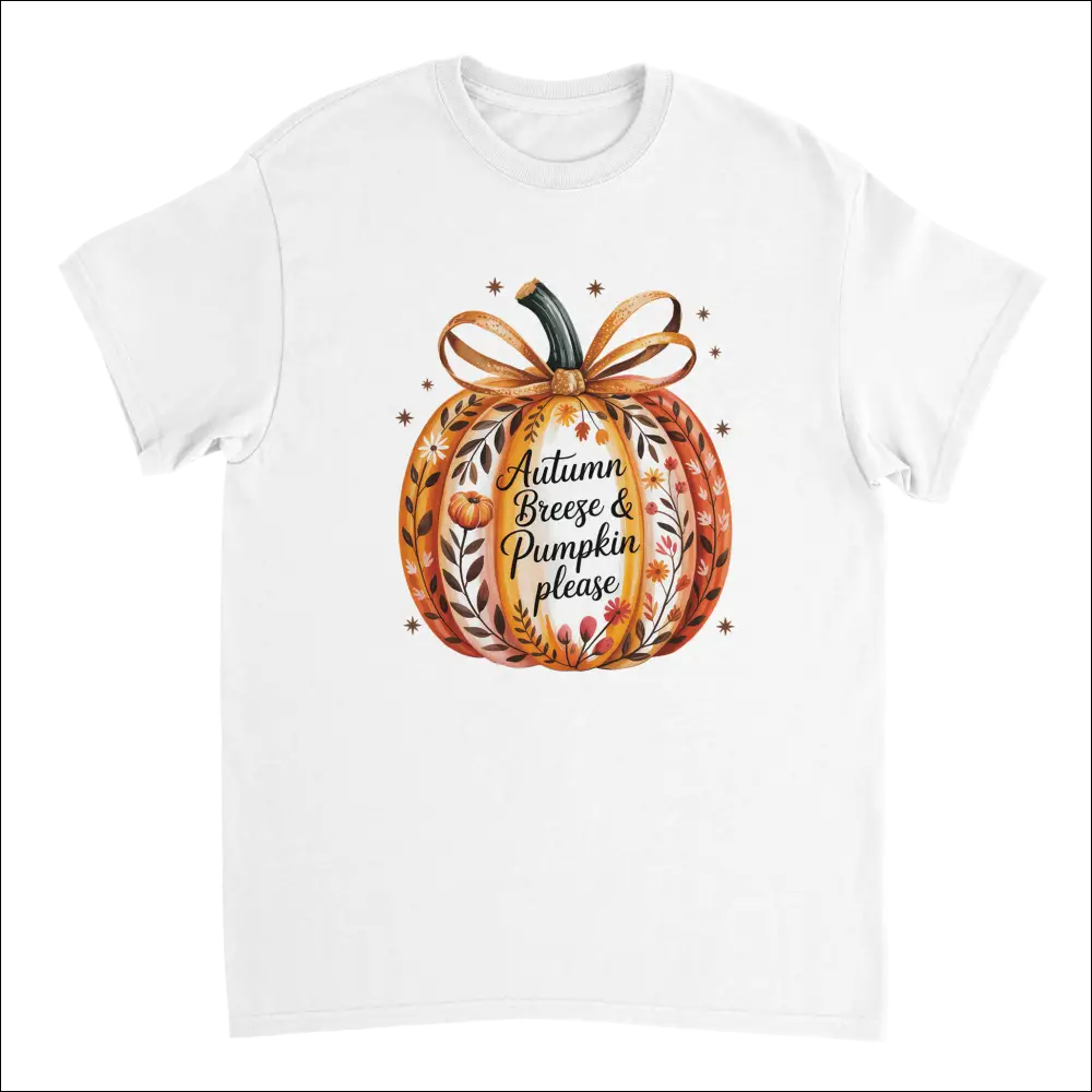 White cotton t-shirt with watercolor orange pumpkin, gold bow, autumn foliage and Autumn Breeze & Pumpkin Please text