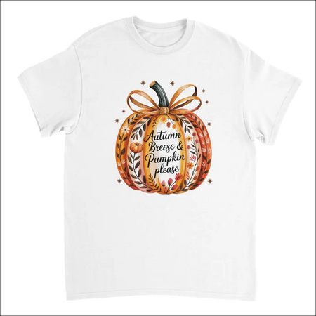 White cotton t-shirt with watercolor orange pumpkin, gold bow, autumn foliage and Autumn Breeze & Pumpkin Please text