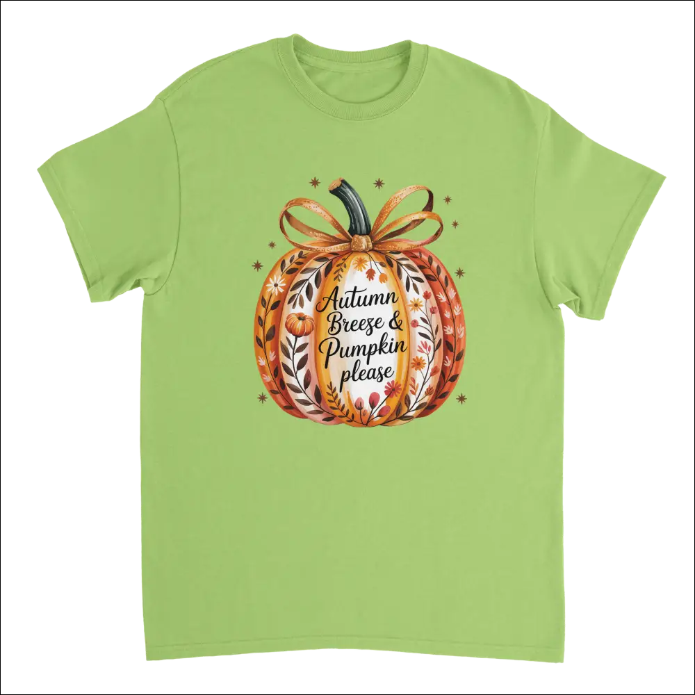 Light green short-sleeved Autumn Breeze & Pumpkin Please t-shirt with cozy fall floral design