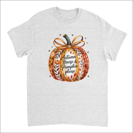 Autumn Breeze & Pumpkin Please T-Shirt with watercolor pumpkin and leaves