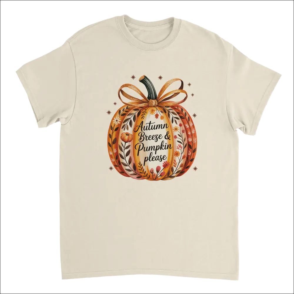 Cozy cream cotton t-shirt with autumn pumpkin and floral design