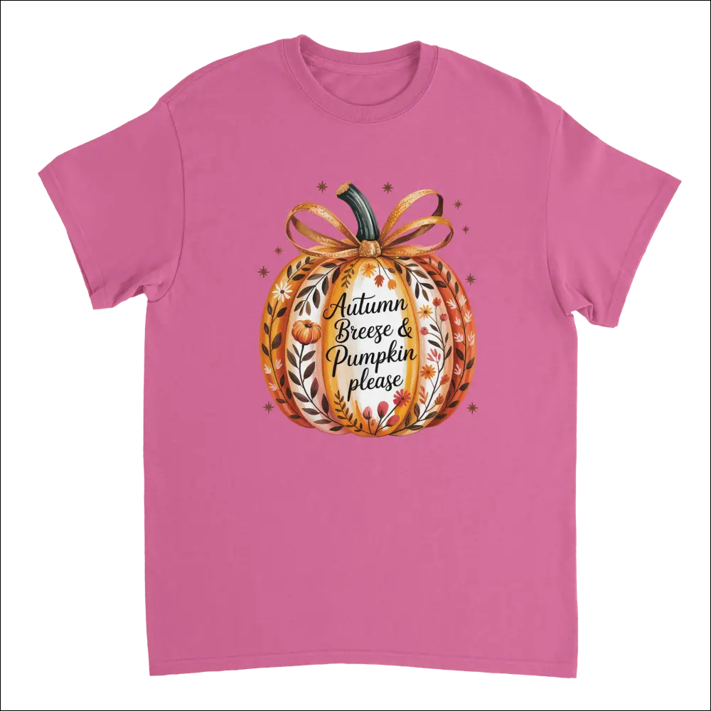 Pink short-sleeved t-shirt with watercolor pumpkin and autumn leaves design