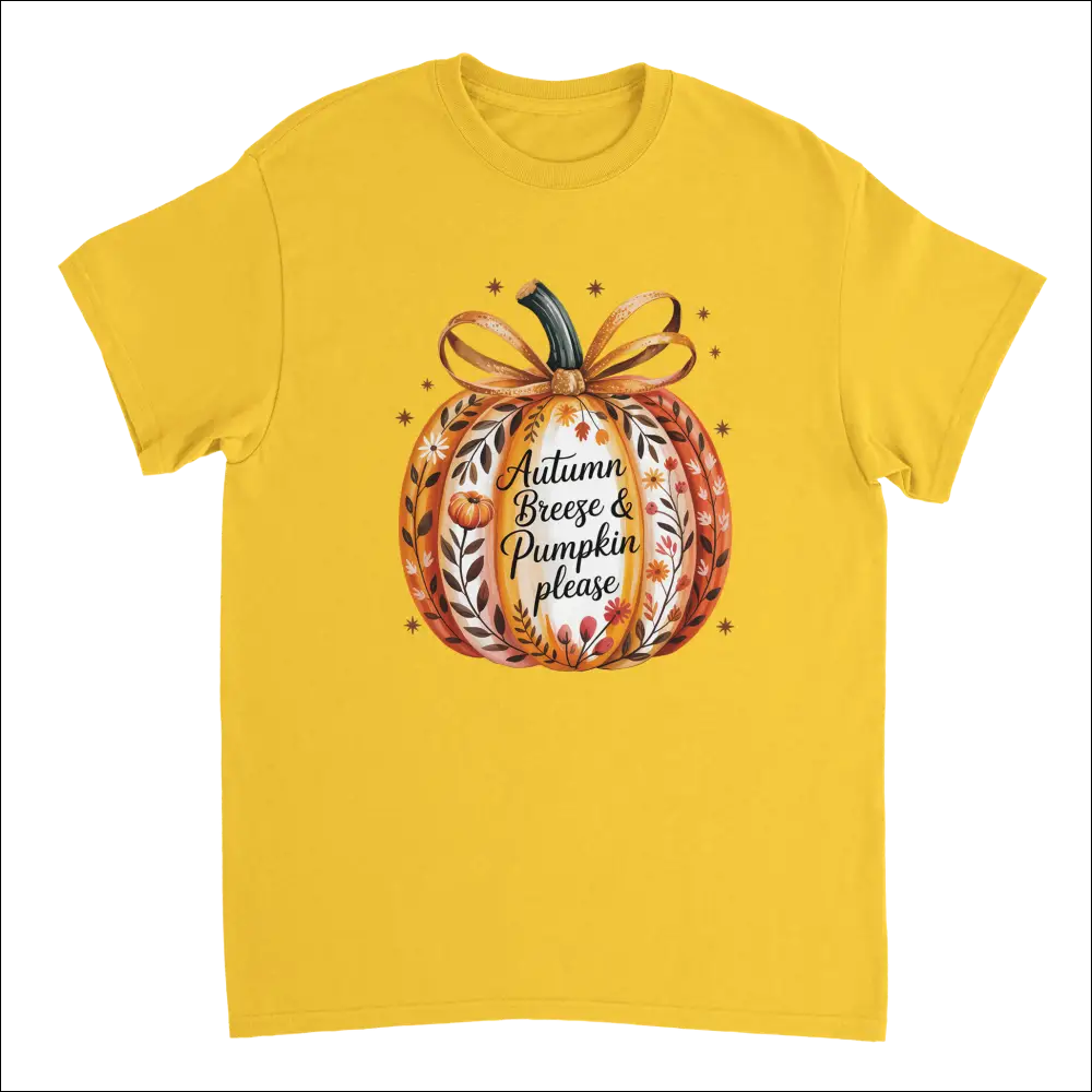 Vibrant yellow short-sleeved t-shirt with watercolor pumpkin, autumn leaves, flowers, and Autumn Breeze & Pumpkin Please ribbon text in cozy heavyweight cotton
