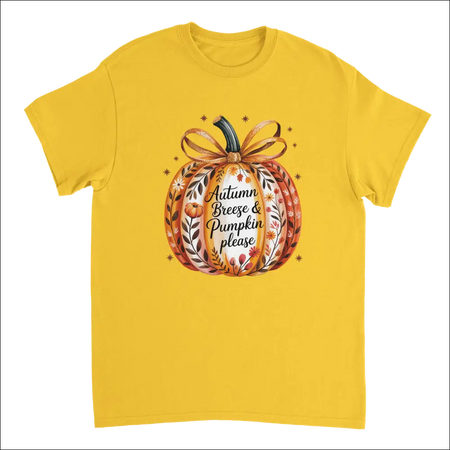 Vibrant yellow short-sleeved t-shirt with watercolor pumpkin, autumn leaves, flowers, and Autumn Breeze & Pumpkin Please ribbon text in cozy heavyweight cotton