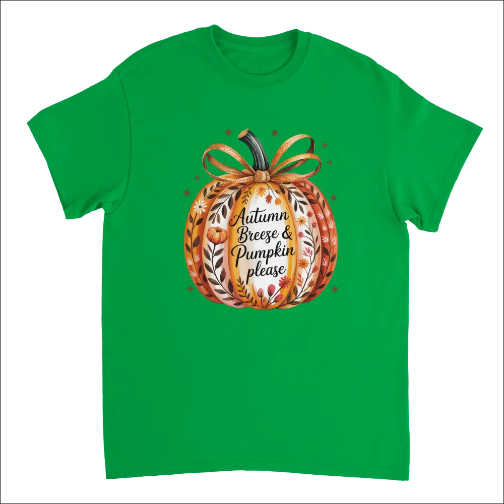 Green cotton t-shirt with watercolor pumpkin, autumn leaves, flowers, and Autumn Breeze & Pumpkin Please text in orange ribbon bow